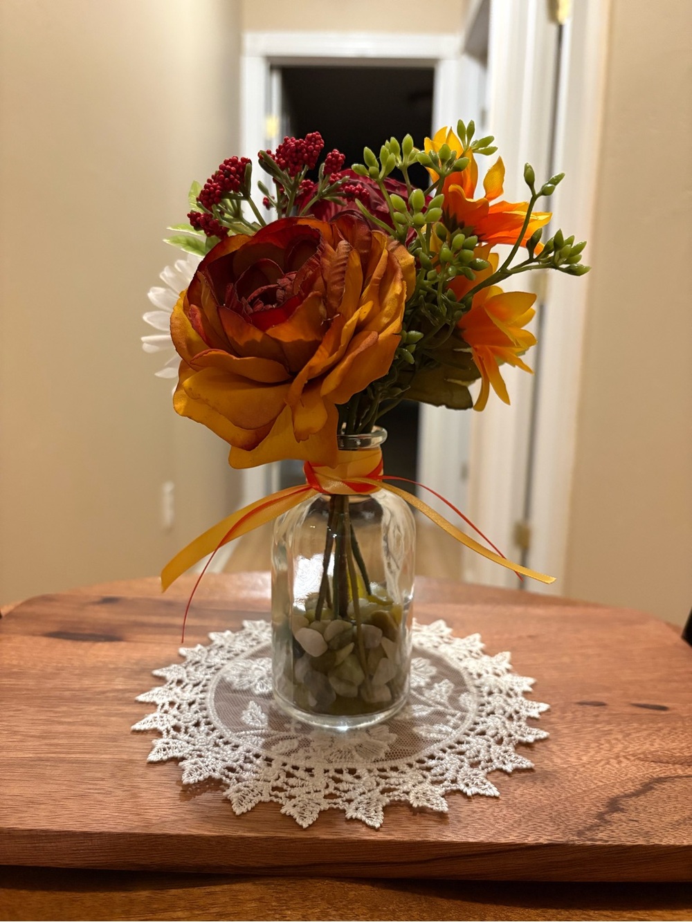 Artificial Orange and Red Floral Arrangement in Glass Vase - Home Accents